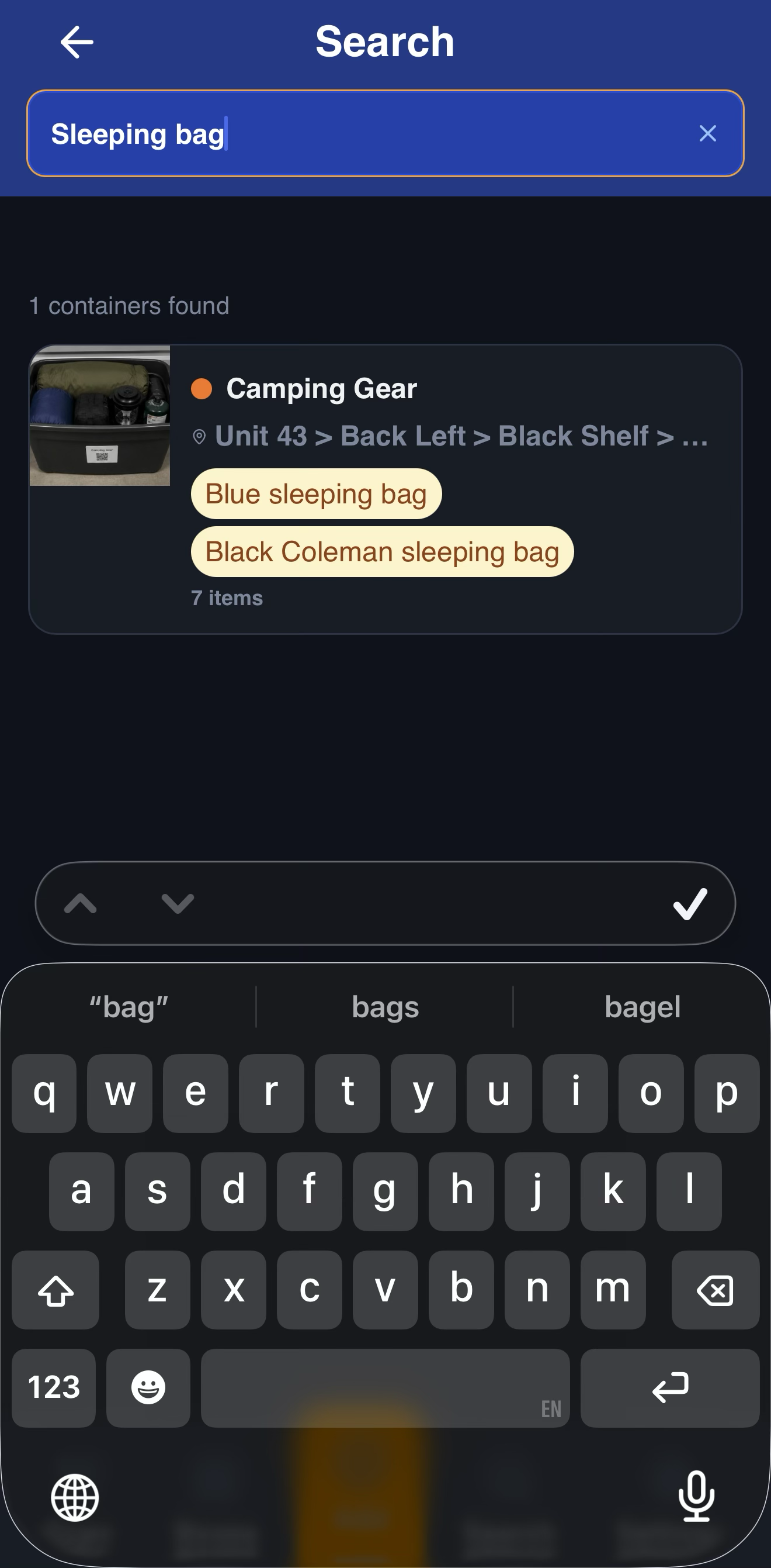 Boxy Search screen finding sleeping bag inventory matches