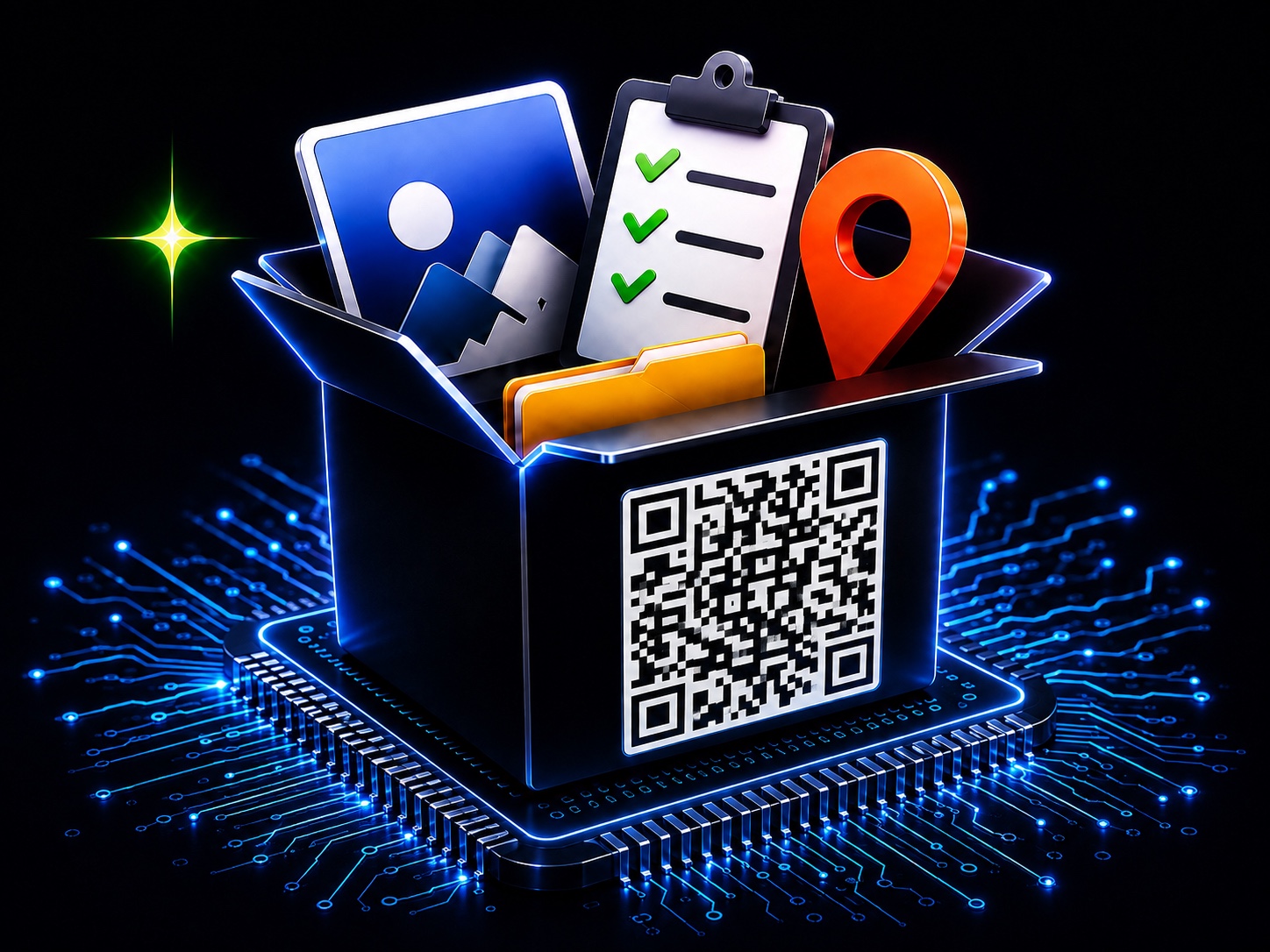 Storage container with a QR code and organized contents